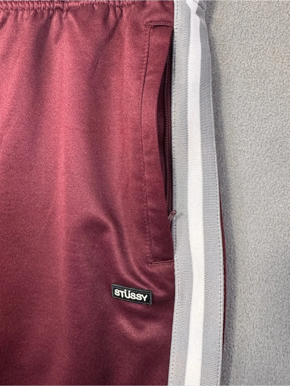 Stussy Men's Burgundy Maroon Poly Track Pants w/Side Grey + White Stripes, M